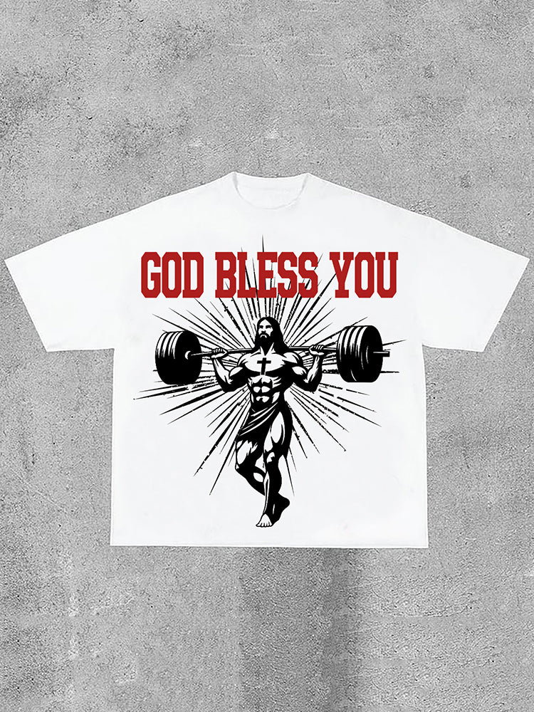 God Bless You Priest Power Fitness Print Cotton T-Shirt