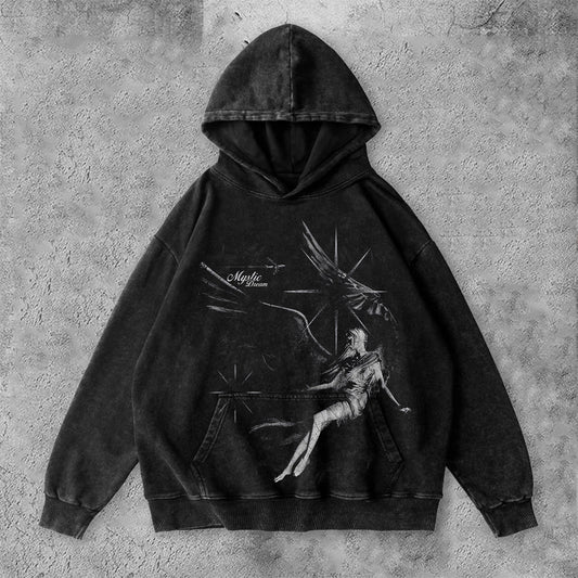 Contrast Color Unisex Angel Graphic Washed Hoodie