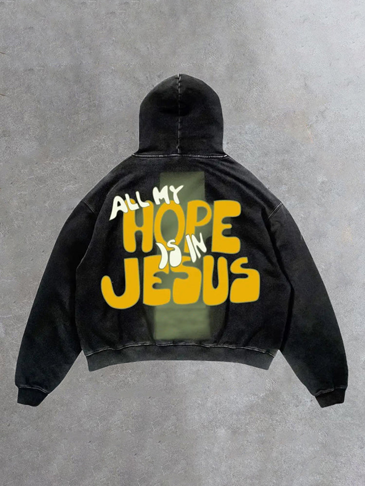 Vintage Unisex All My Hope Is In Jesus Graphic Acid Washed Oversized Hoodie