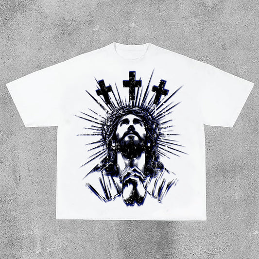 Jesus Praying Cross Graphic Print Cotton T-Shirt