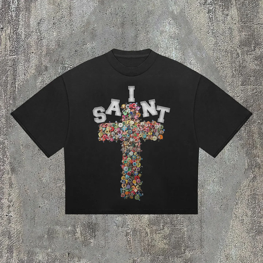 Vintage Saint Cross Graphics Printed Cotton T-Shirt