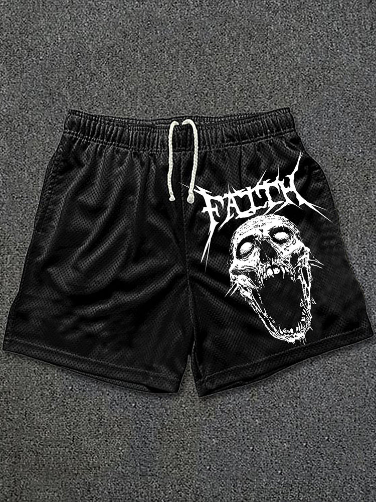 Faith Horror Skull Print Drawstring Mesh Casual Gym Shorts