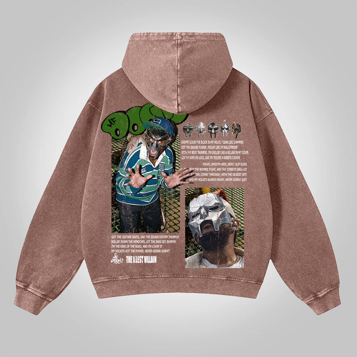 Vercoo Vintage The Illest Villain Mf Doom Graphic Washed Zip-Up Hoodie