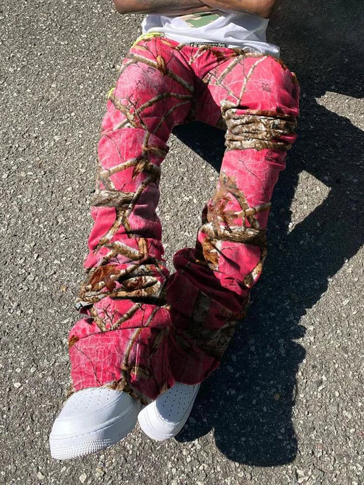 Artistic Vintage Leaf Camouflage Print Stylish Flared Sweat Pants