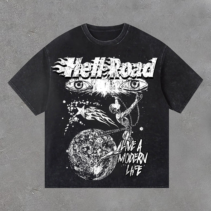 Hell Road Retro Portrait Earth Graphic Print Acid Washed T-Shirt