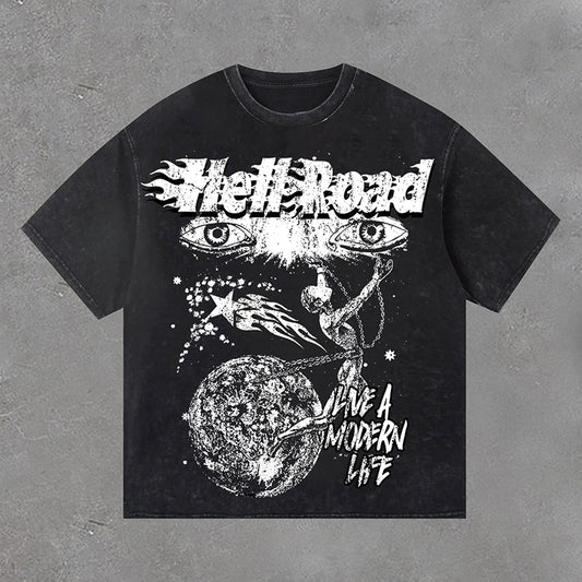 Hell Road Retro Portrait Earth Graphic Print Acid Washed T-Shirt