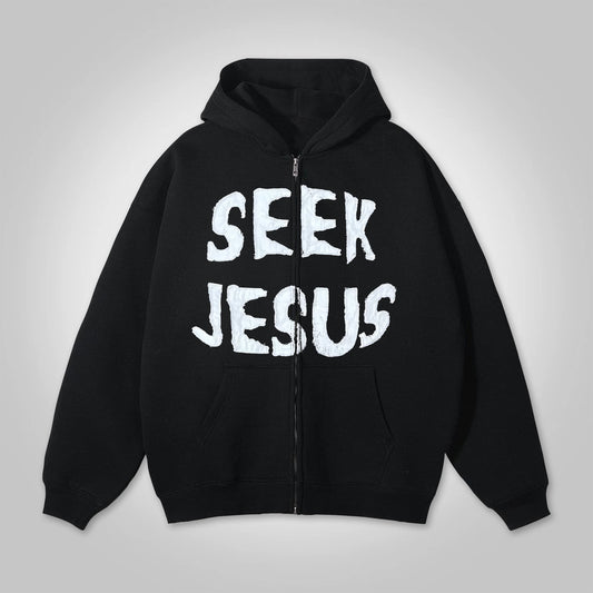 Vercoo Vintage Seek Jesus Graphic Hip Hop Oversized Zip Up Hoodie