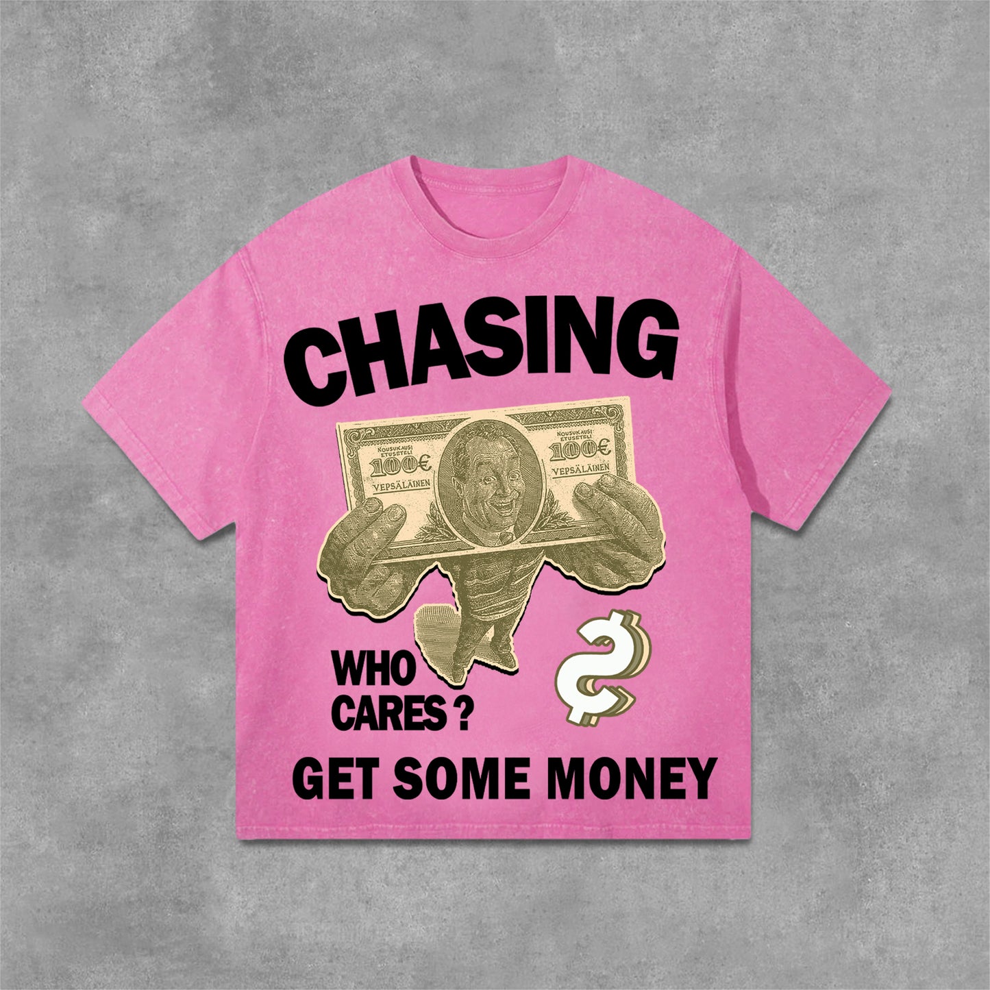 Men's Chasing Money Graphic Print Acid Washed Cotton T-Shirt