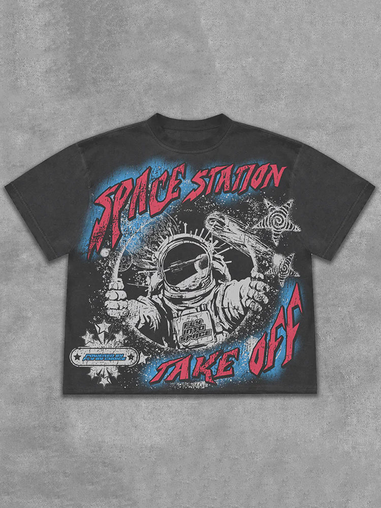 Fly By Choice X Spacestation Graphics Print Acid Washed Retro T-Shirt