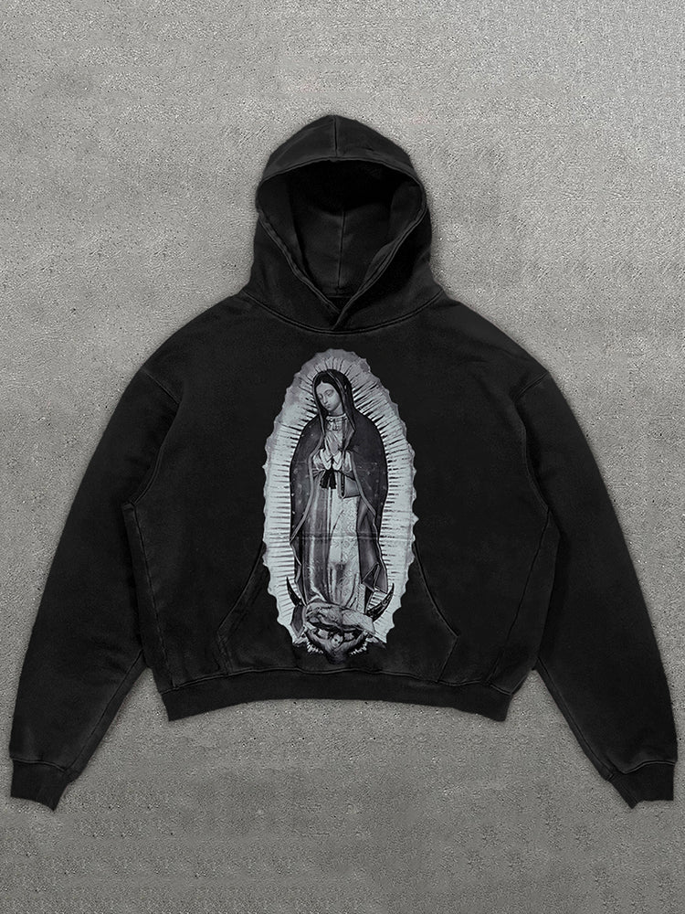 Vercoo Vintage Our Lady Of Guadalupe Graphic Acid Washed Oversized Hoodie