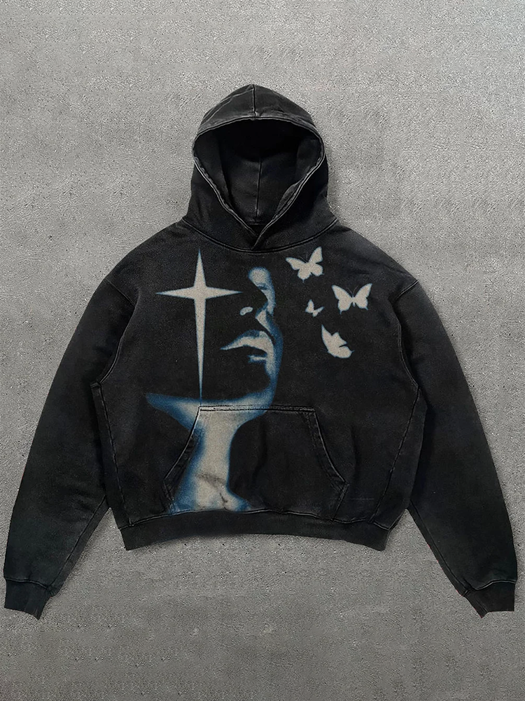 Vintage Butterfly Graphic Washed Hoodie