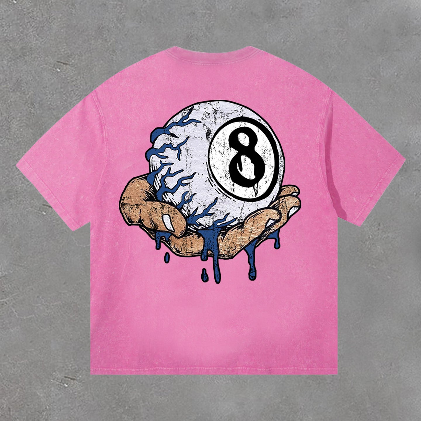 Hand Holding 8 Ball Fun Retro Print Acid Washed T-Shirt