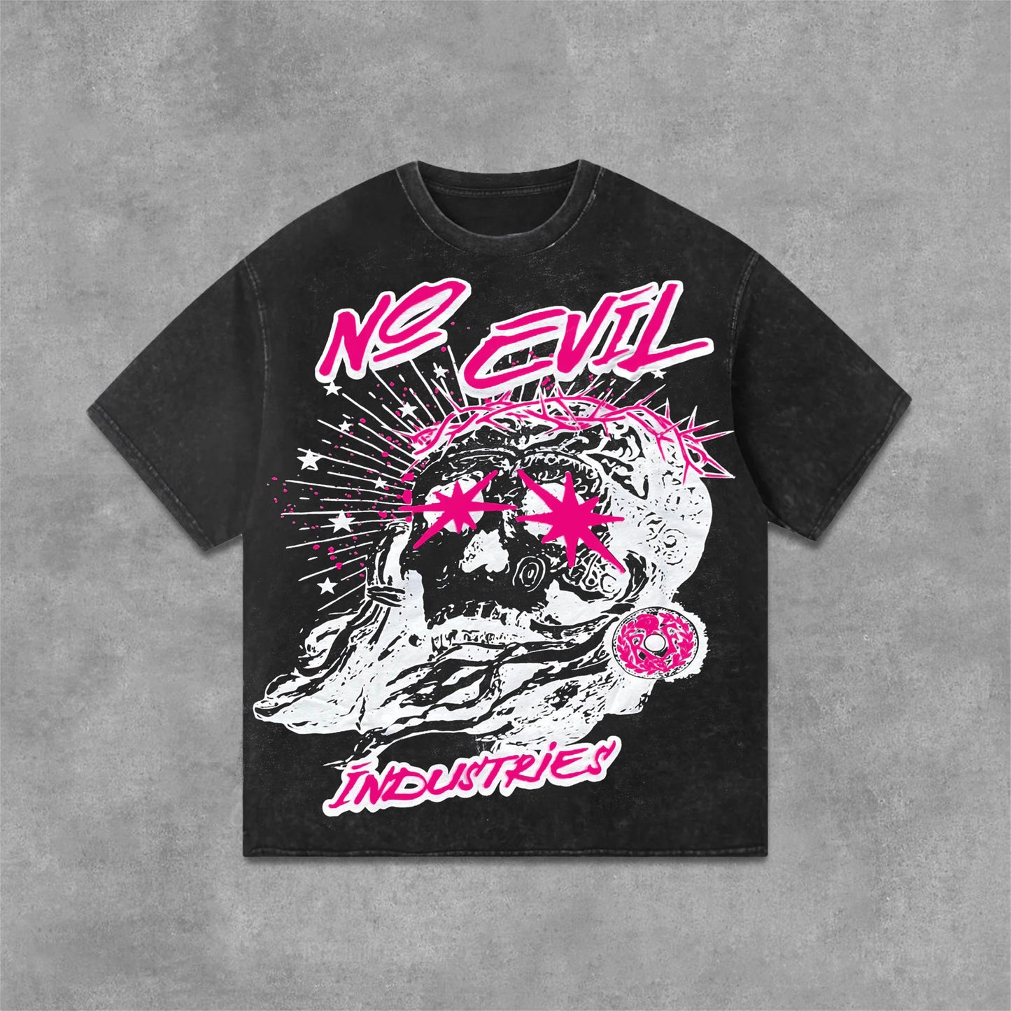 Vercoo Vintage No Evil Skull Graphics Acid Washed T-Shirt