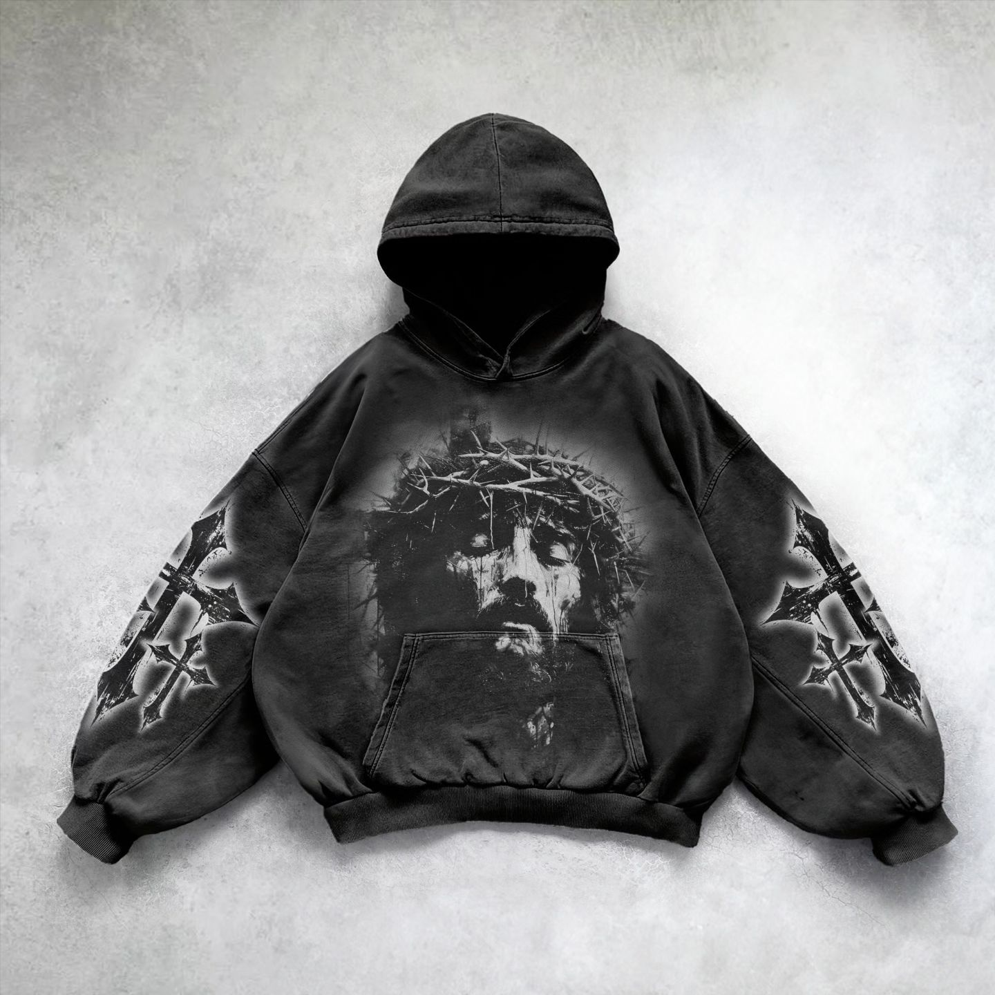 Vintage Jesus Print Graphic Acid Washed Oversized Hoodie