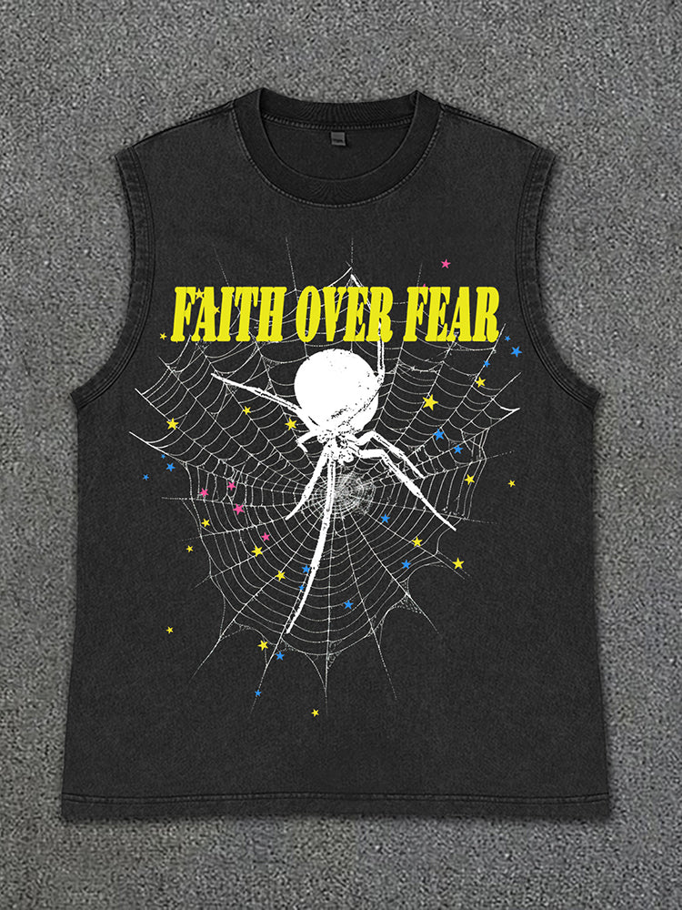 Men's Vintage Wash Faith Over Fear Print Spider Graphics Sleeveless Tank Top