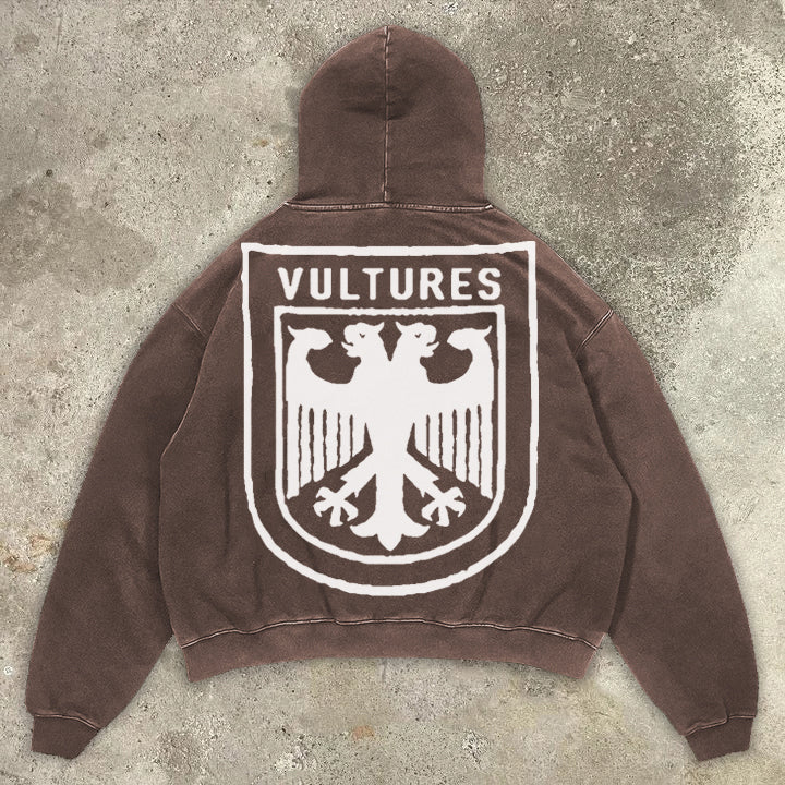 Vercoo Vintage Vultures Print Graphic Acid Washed Hoodie