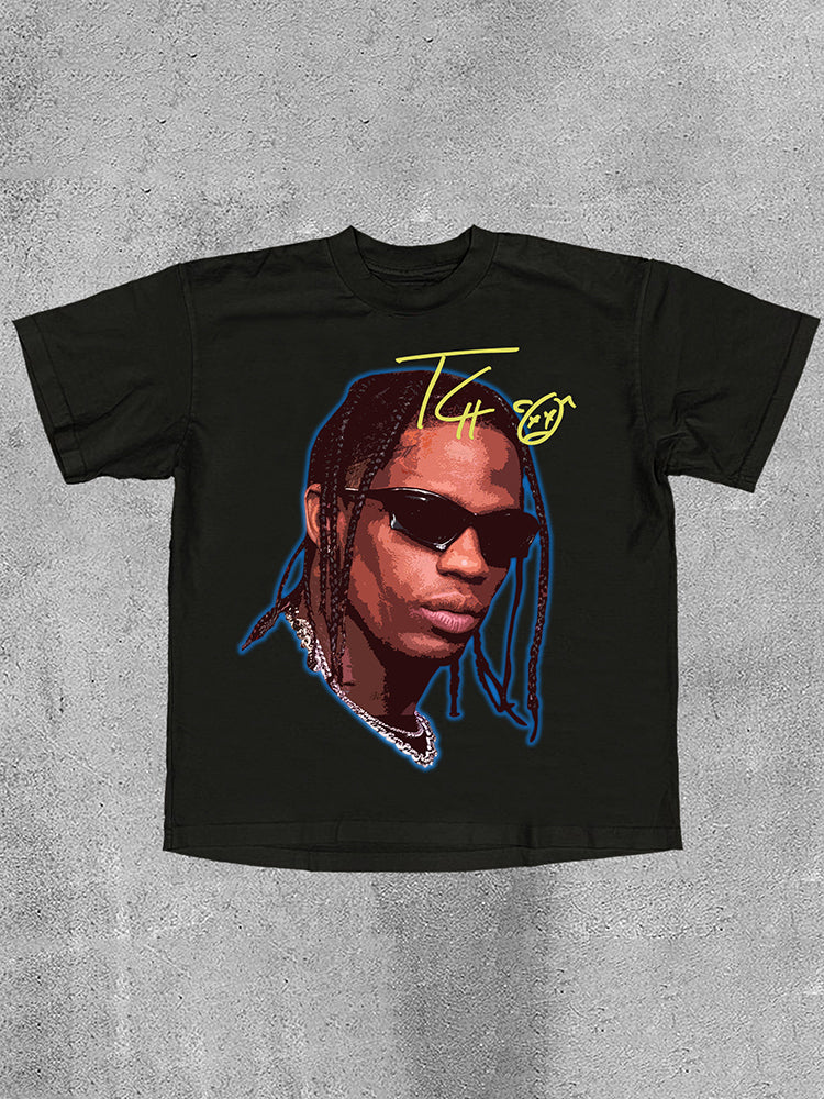 Vercoo Vintage Travis Scott Portrait Graphic Print Cotton T-Shirt