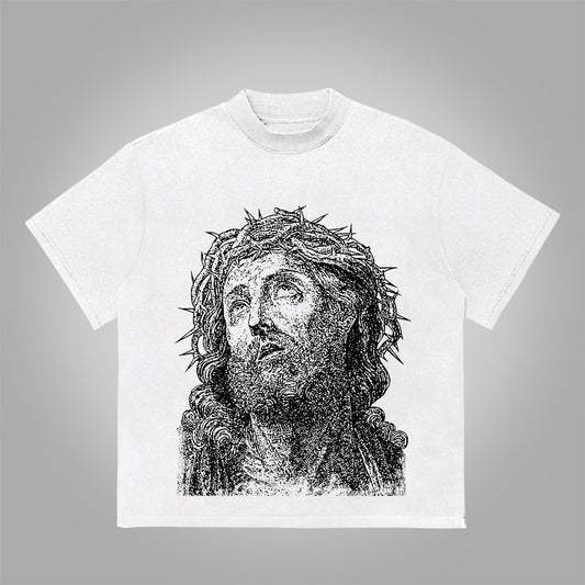 Vercoo Vintage Jesus Portrait Graphic Print Cotton T-Shirt