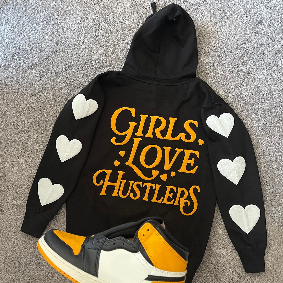 Vercoo Vintage Love Hustlers Graphic Print Side Pockets Hoodie