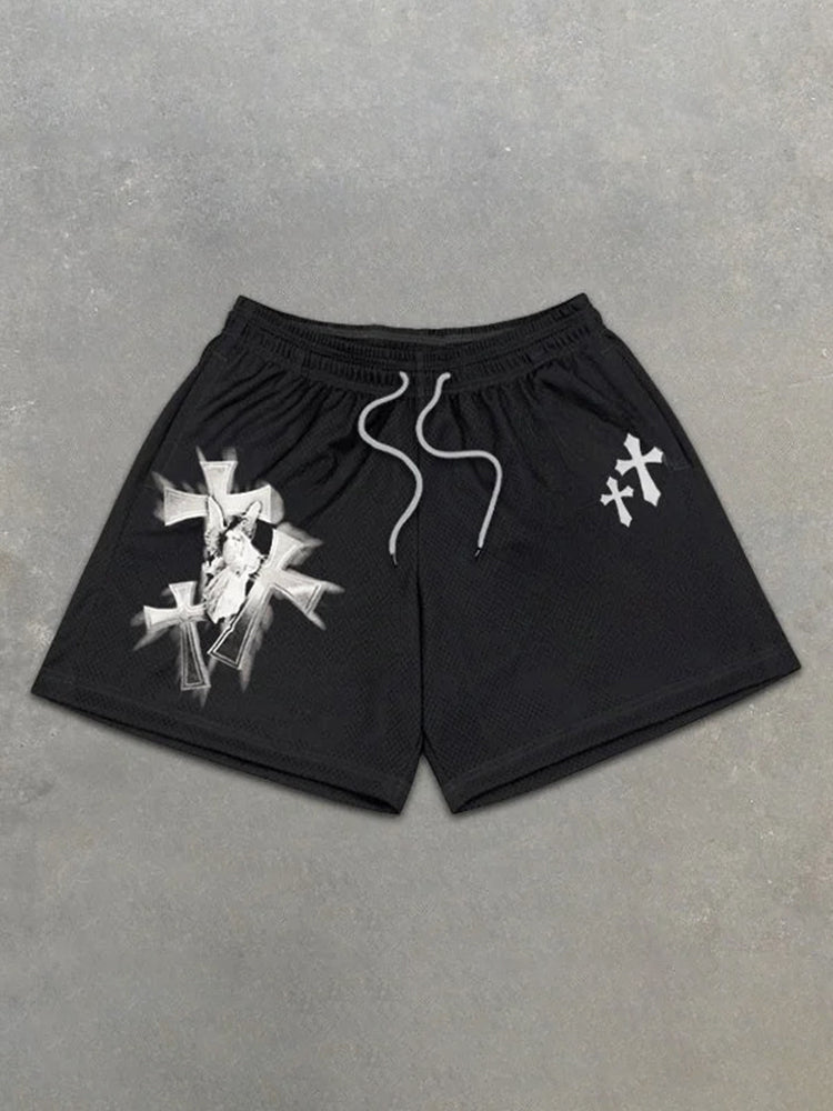 Black Trend Cross Belief Print Mesh Shorts