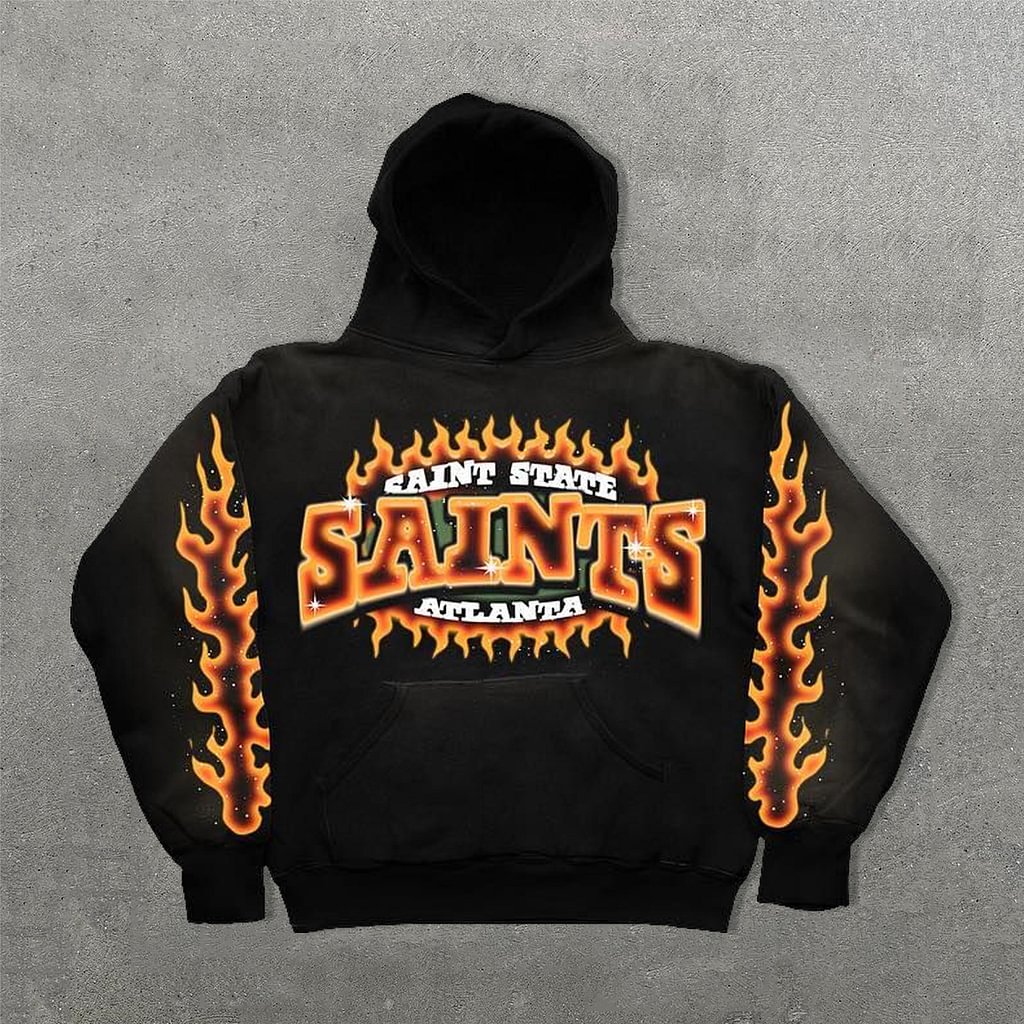 Vercoo Vintage Saints Flame Graphic Print Side Pockets Hoodie