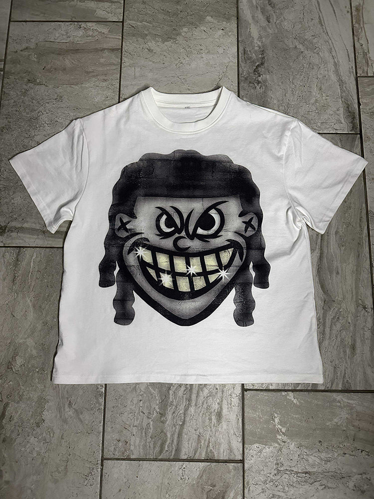 Vintage Sinister Smile Cartoon Face Graphic Cotton T-Shirt