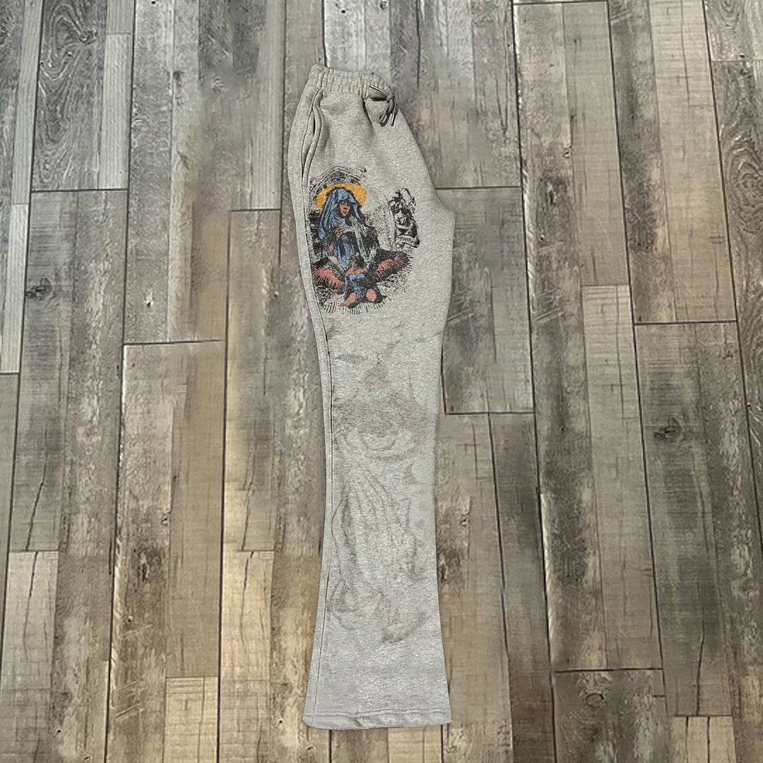 God's Eye Print Casual Street Flared Sweats Trousers