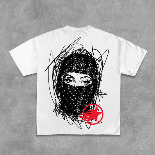 Gang Graffiti Mask Printed Cotton T-Shirt