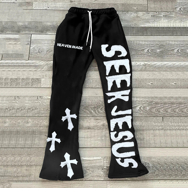 Vercoo Vintage Seek Jesus Heaven Made Graphic Casual Flared Trousers