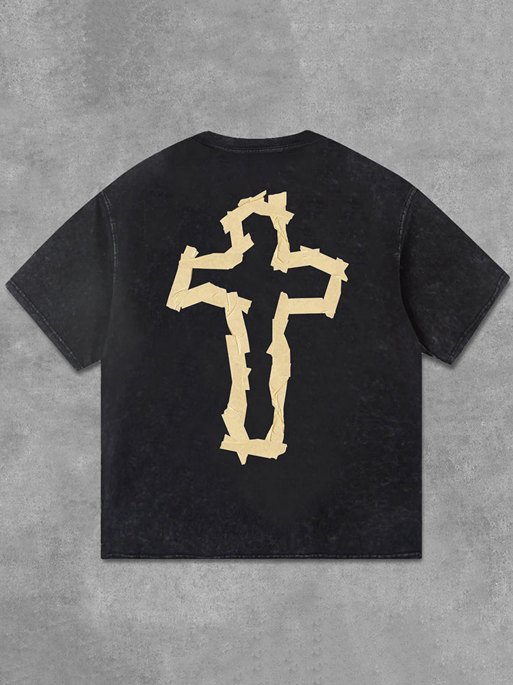 Paper Tape - Faith Cross Graphics Acid Washed T-Shirt