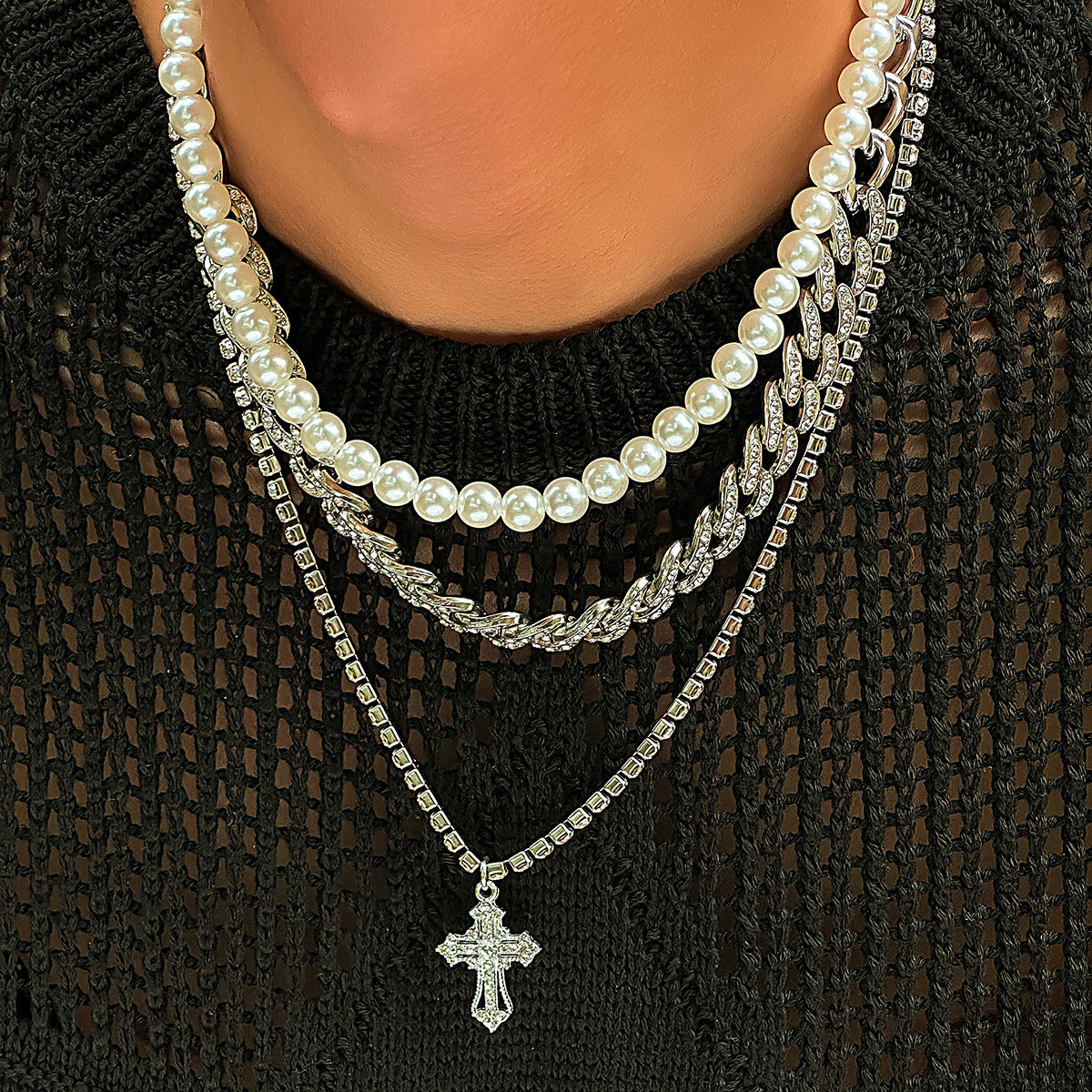 Men's Stylish Stacked Pearl Cross Necklace