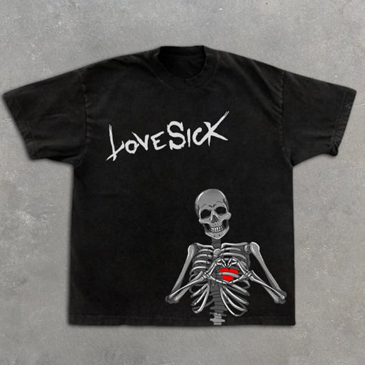 Vercoo Vintage Skull Heart Love Sick Graphic 100% Cotton T-Shirt