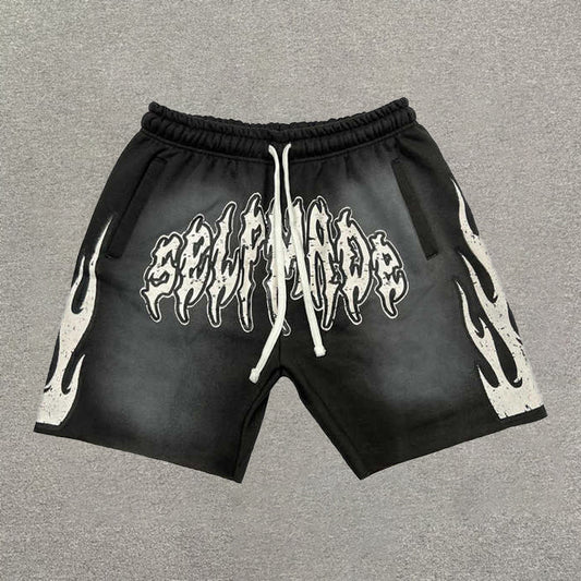 Vintage Letters Flames Print Graphic Shorts