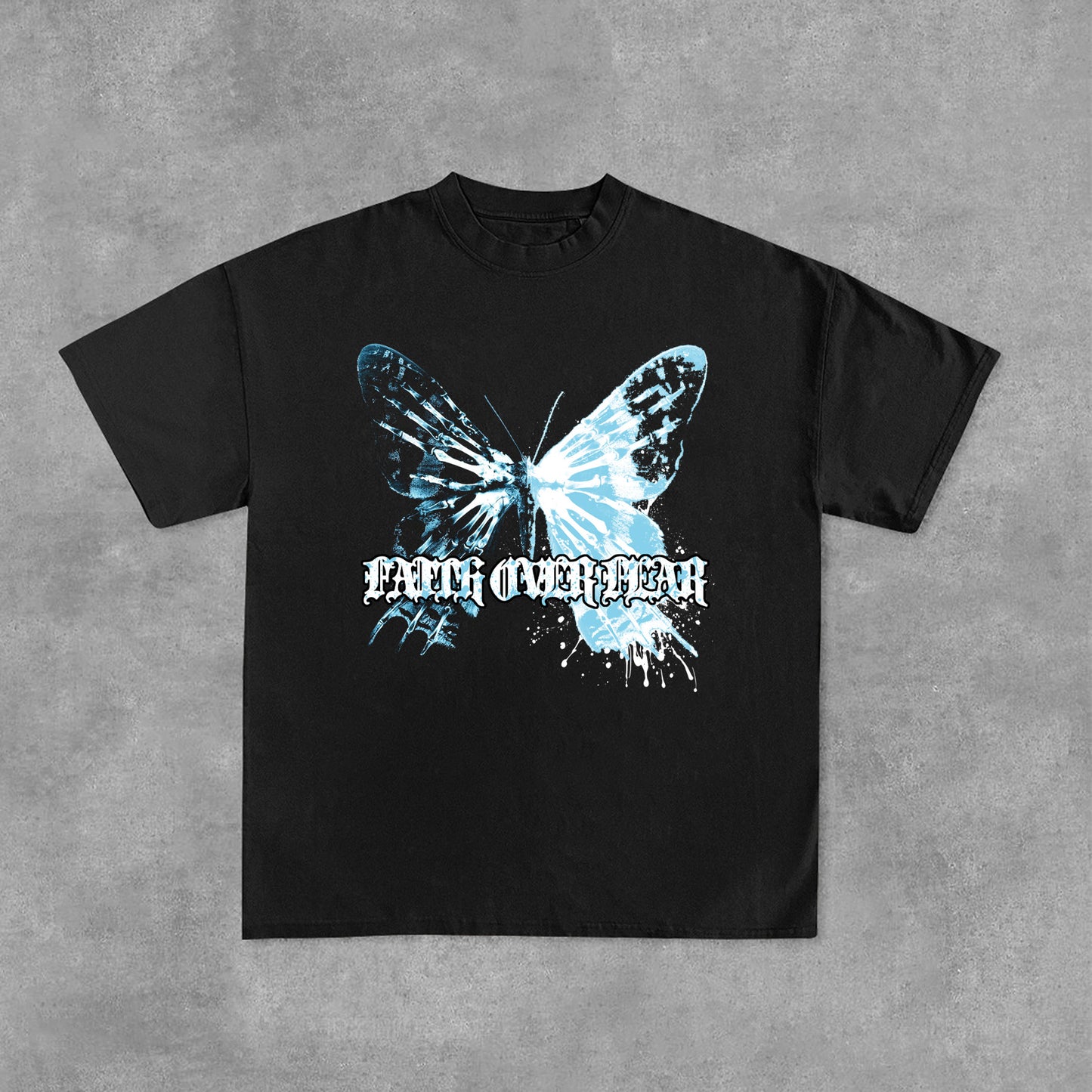 Irregular Butterfly Graphics Faith Over Fear Print Cotton T-Shirt