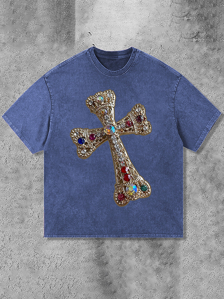 Diamond Cross Graphic Print Acid Washed T-Shirt