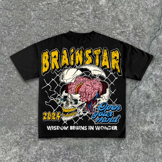 Brainstar- 2024 A Skeleton Full Of Wisdom Retro Print Pattern Cotton T-Shirt