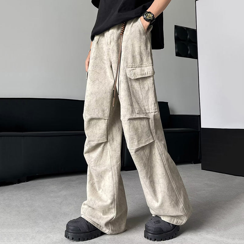 Men's American High Street Pleated Pocket Straight Cargo Paratrooper Pants