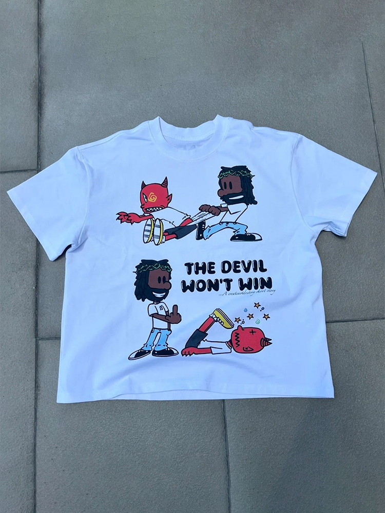 Vintage The Devil Won T Win Graphics Printed Cotton T-Shirt