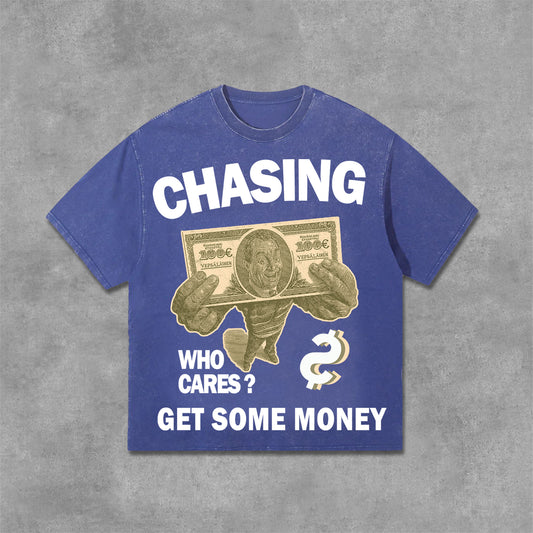 Men's Chasing Money Graphic Print Acid Washed Cotton T-Shirt