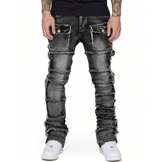 Hiphop Fashion Stretch Patch Cargo Straight Jeans