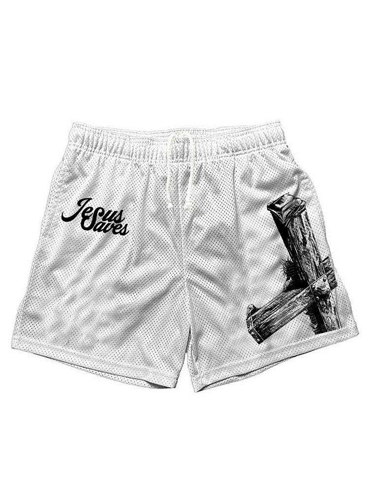 Men's Casual Jesus Saves Graphic Print Mesh Shorts