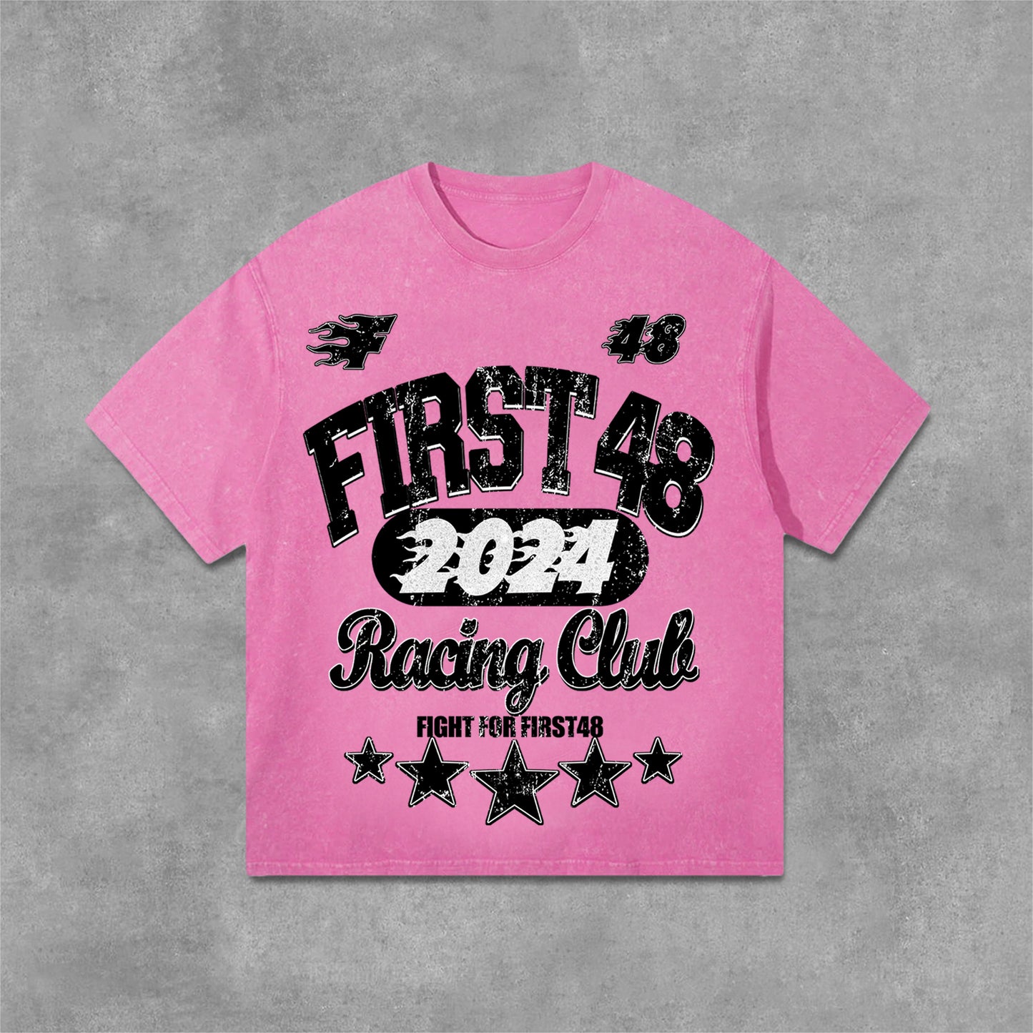 Vercoo Vintage Street First48 Racing Graphic Print Washed T-Shirt