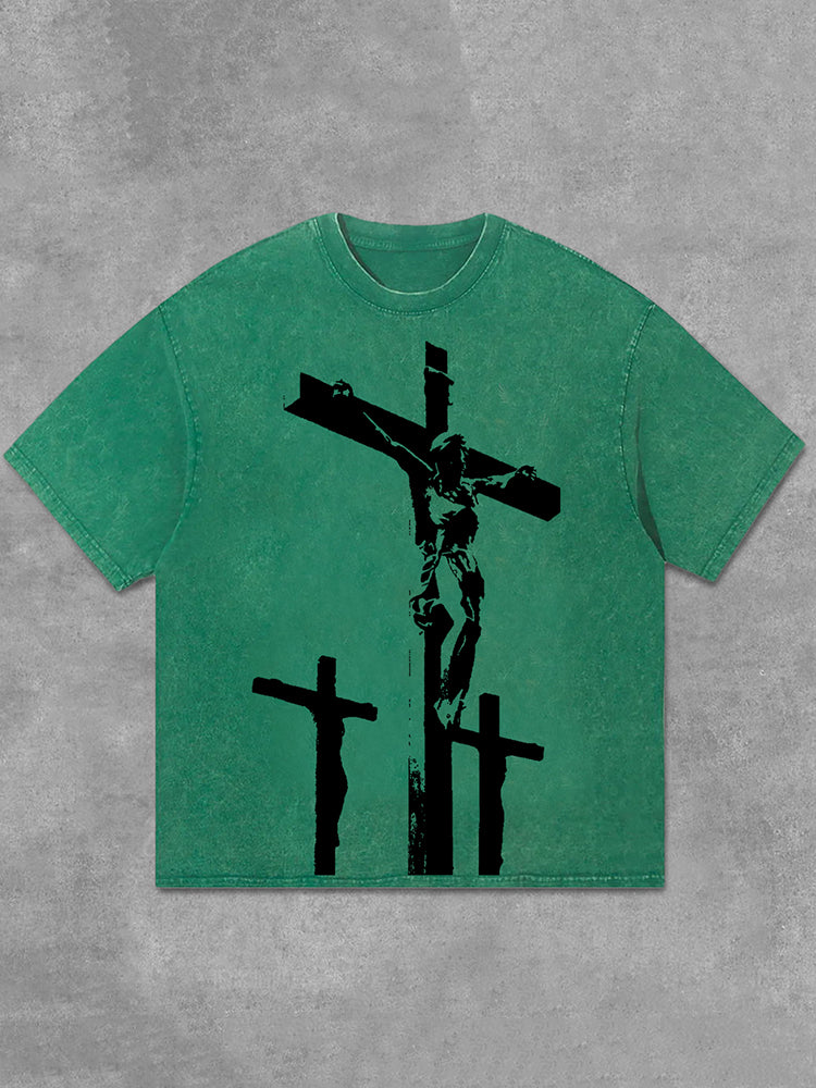 Jesus Cross Graphics Print Acid Washed T-Shirt