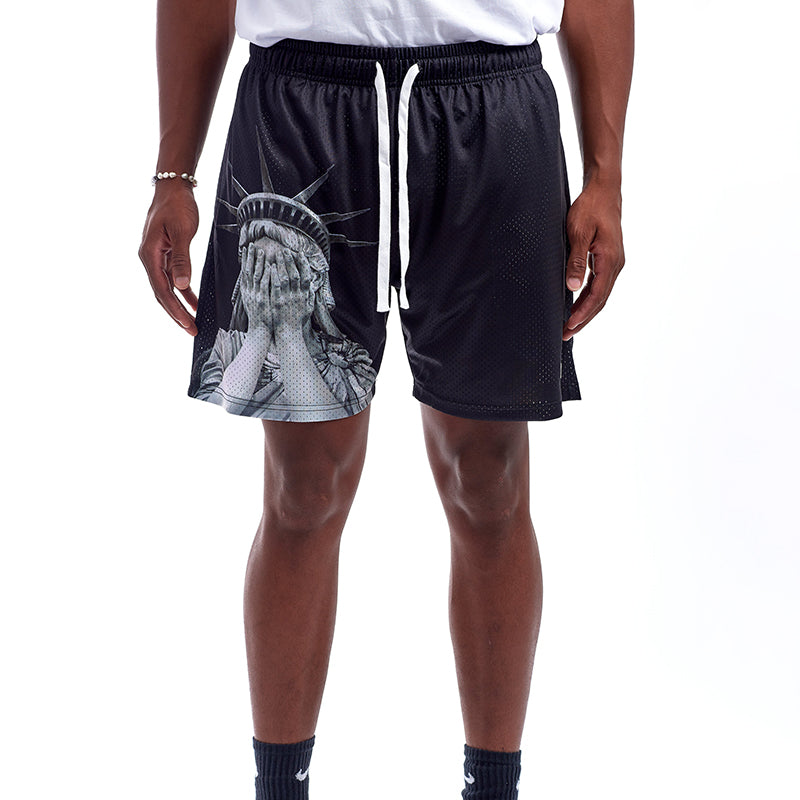 Crying Statue Of Liberty Print Graphic Men's Mesh Shorts