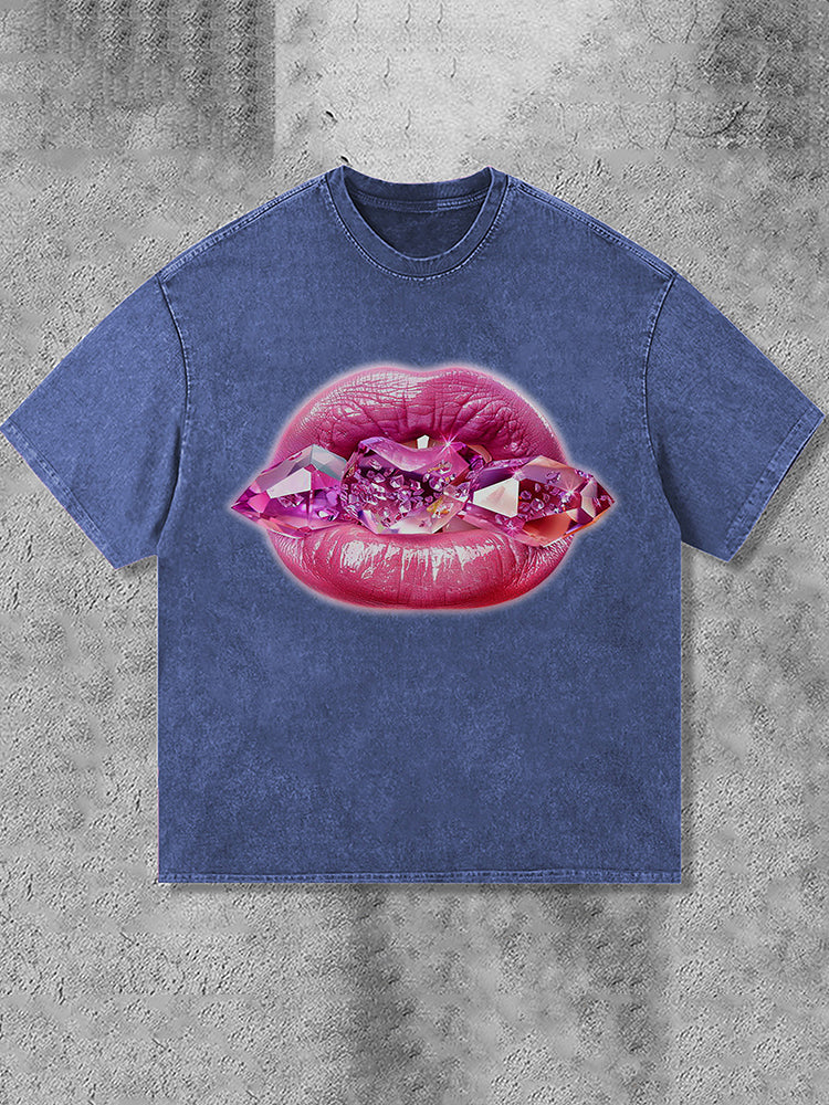 Diamond Lips Graphic Print Acid Washed T-Shirt