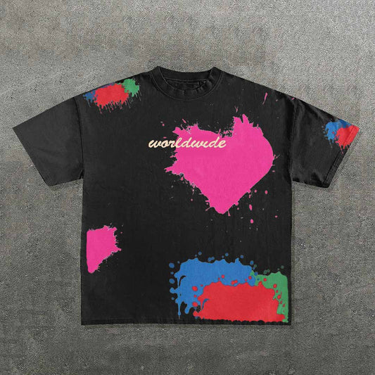 Vercoo Vintage Y2k Heart Color Block Worldwide Graphic Cotton Short Sleeve T-Shirt