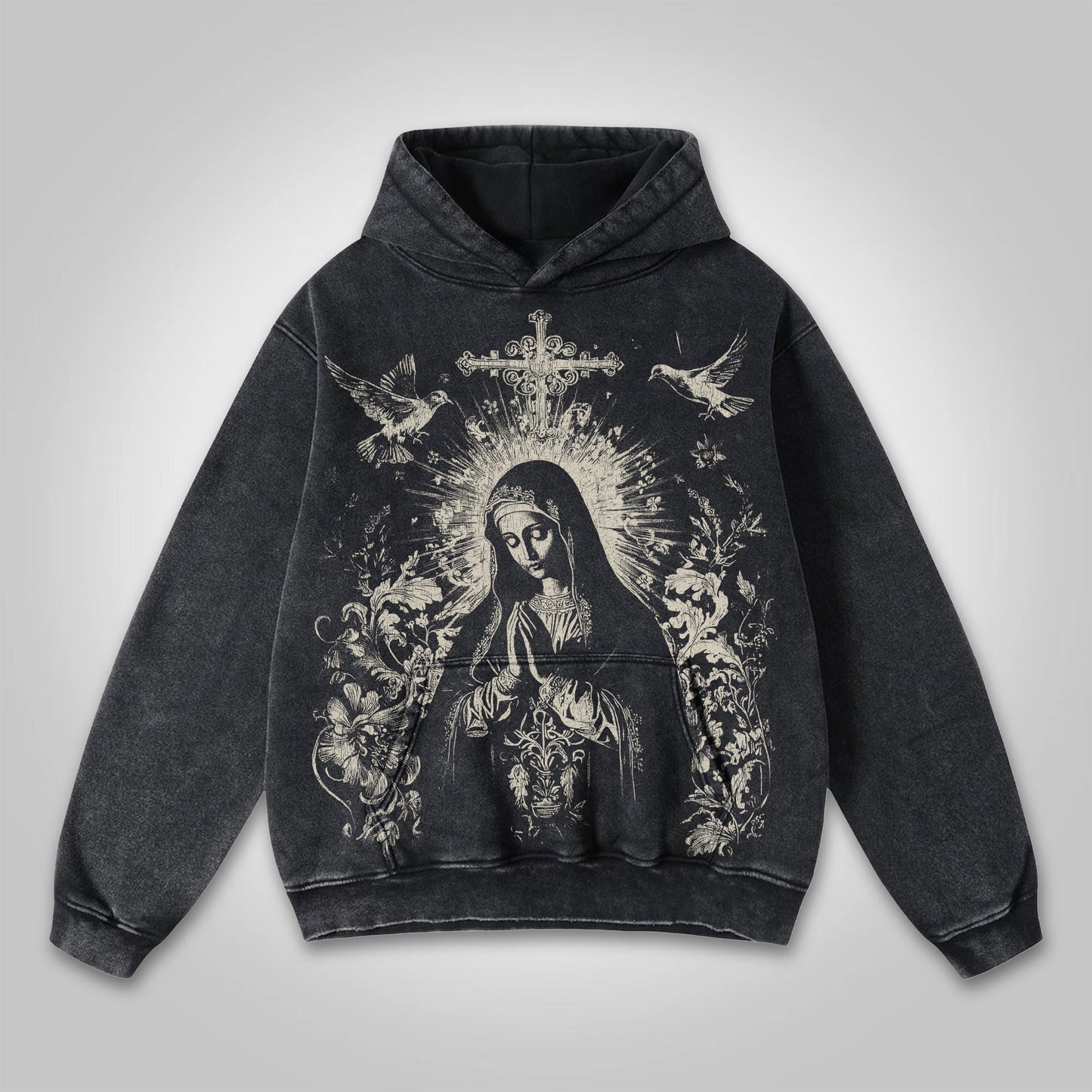 Vercoo Virgin Mary Praying Vintage Graphic Washed Distressed Pocket Hoodie