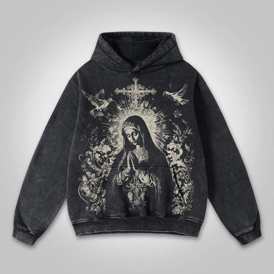 Vercoo Virgin Mary Praying Vintage Graphic Washed Distressed Pocket Hoodie