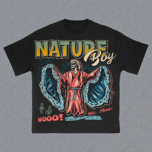 Vercoo Vintage Nature Boy Graphic Printed Cotton Short Sleeve T-Shirt