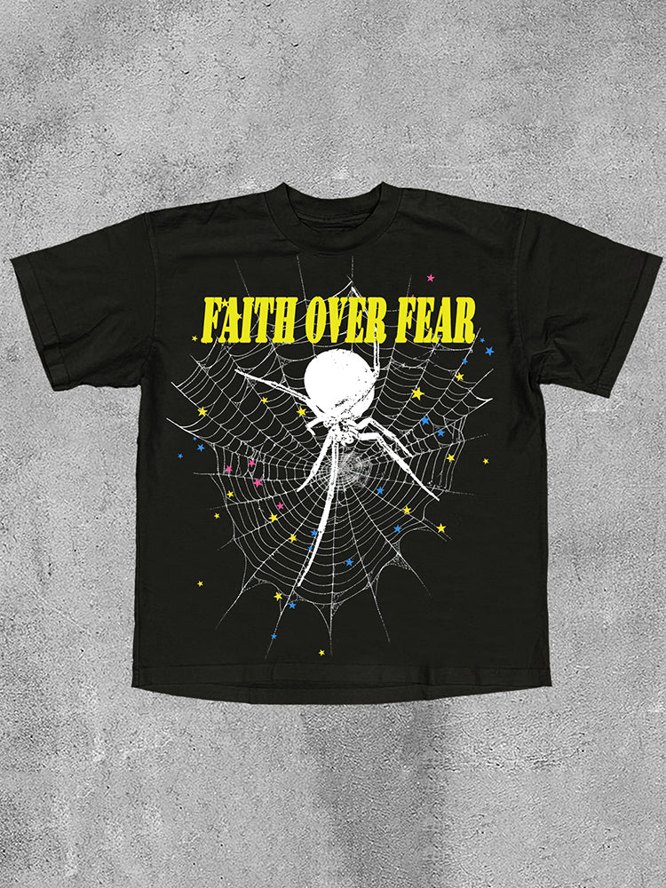 Faith Over Fear Print Spider Graphics Cotton Vintage T-Shirt